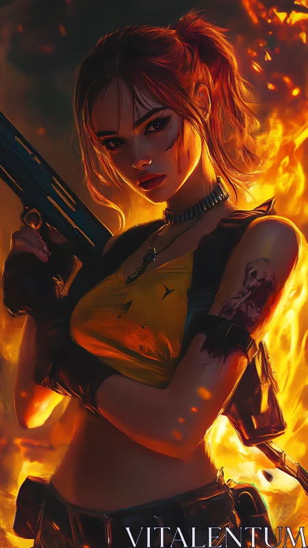 Gun-wielding female fighter framed by intense orange flames.