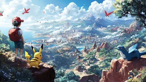 Young trainer and Pokémon friends overlooking a bright new world.