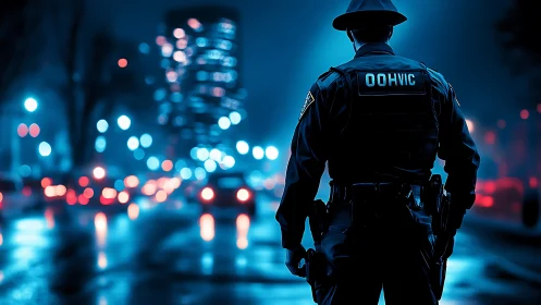 Lone officer surveys neon city street in rainy midnight glow