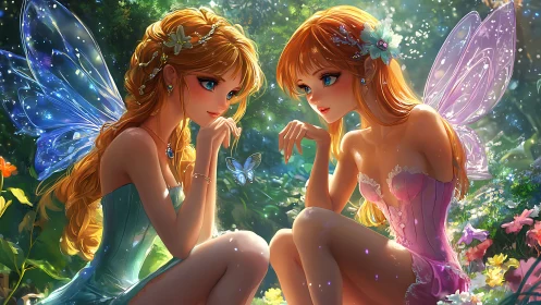 Softly glowing fairy friends share a quiet moment in bloom