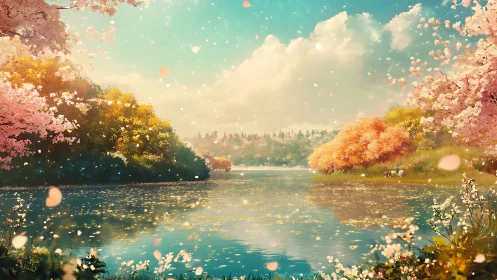 River landscape with flowering trees under daylight sky.