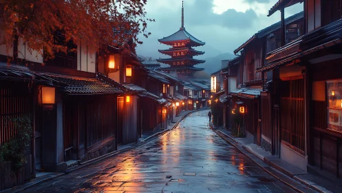 Rain-soaked Kyoto street glows beneath distant pagoda dusk