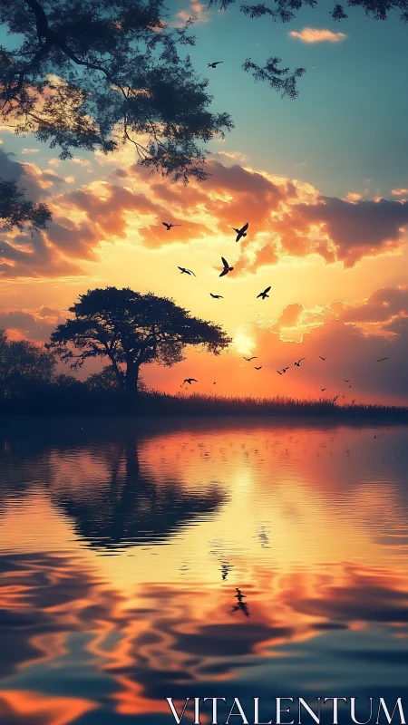 Sunset chorus above a mirror-lake dreamscape horizon.