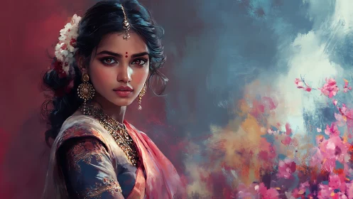 Saffron gaze amid storm-soft sky and blooming colorstorm.