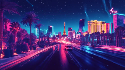 Neon city boulevard under starry sky with glowing towers.