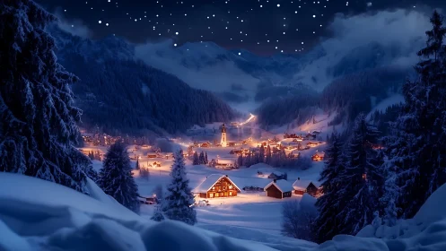 Digital painting of alpine village under starlit winter sky.