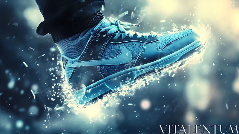Dynamic blue running sneaker in frozen motion, particle burst