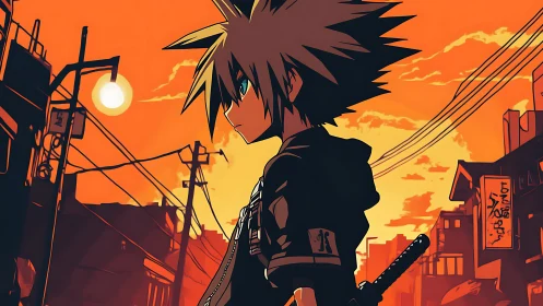 Sunset streets and a lone anime hero with quiet resolve.