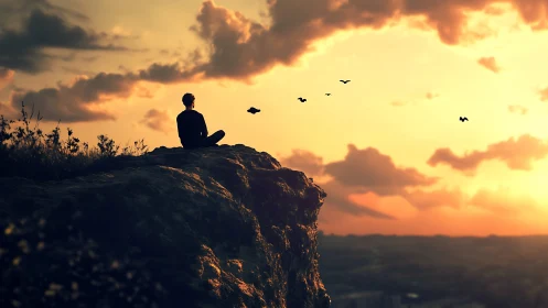 Solitary figure meditates on cliff edge under glowing sunset