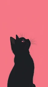 Silhouetted Cat Gazing Upward Against Coral Pink Background.
