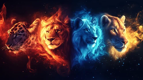 Four Big Cats with Elemental Fire and Ice Effects.