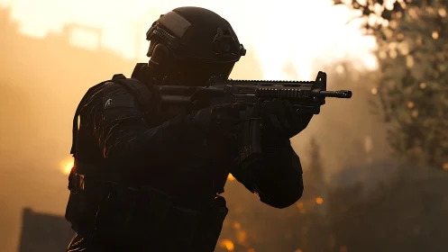 Tactical soldier aiming rifle in dramatic sunset light.