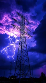 High-voltage transmission tower under lightning strike event.