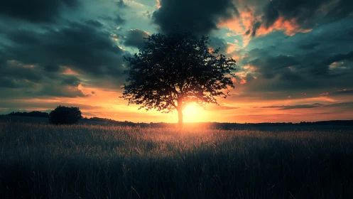 Solitary tree crowns horizon under burning sunset sky.