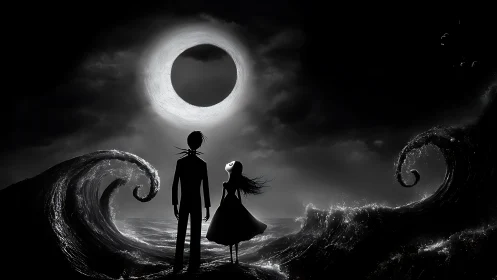 Silhouetted figures observing eclipse over stylized ocean.