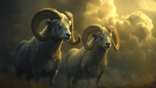 Majestic rams stand beneath stormlit golden clouds at dusk.