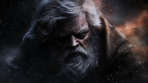 Elderly mystic glares through cosmic dust and shadow