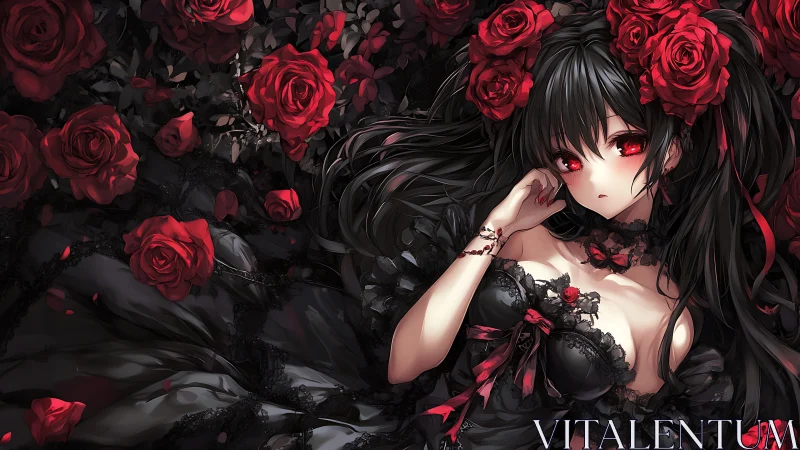 Dark-haired anime figure reclines amid dense red rose field