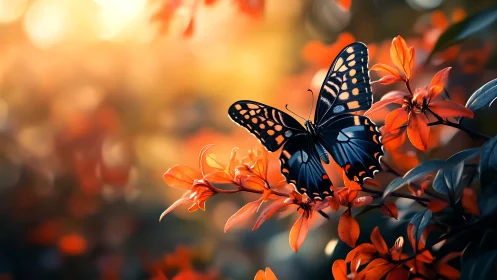 Sunlit black butterfly pauses gently on glowing orange blooms
