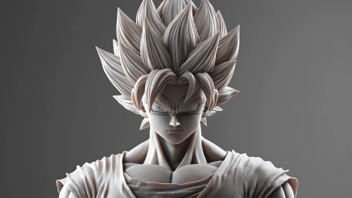 3D bust of spiky-haired anime warrior in sculptural grayscale rendering.