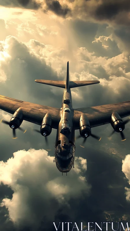 Photorealistic WWII bomber ascending through dramatic cloudscape.