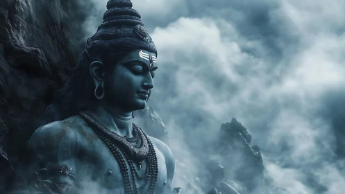 Monumental blue stone deity rendered in misty mountain atmosphere
