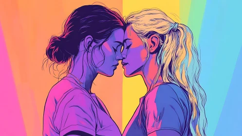 Two figures profile composition with rainbow gradient background.