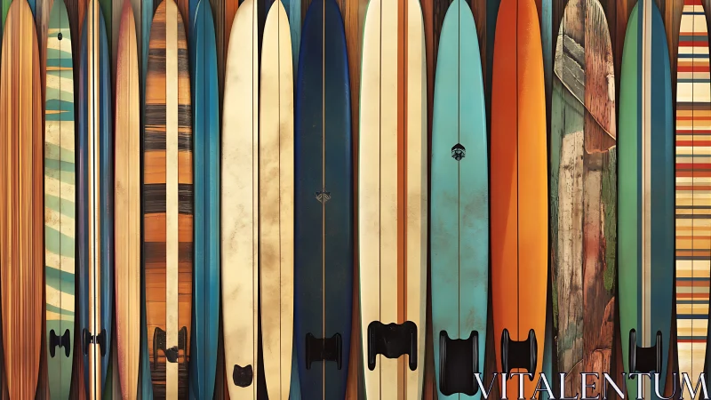 Vertical arrangement of colorful longboard surfboards in rows.