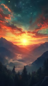 Vivid mountain sunrise above misty forest valley panorama.