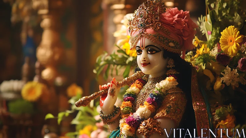 Hindu flute deity statue with floral garlands and gold aura.