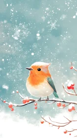 Robin perched on berry branch amid turquoise snowfall and bokeh depth.