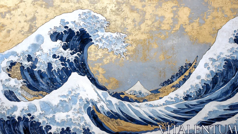 Gilded tempest of indigo waves framing a distant white peak.