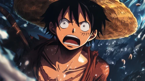 Straw hat anime boy shouting amid turbulent blue water.