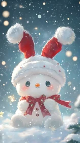 Snowman plush character sits in snowy scene at night