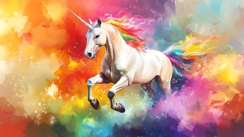 Radiant white unicorn gallops through explosive rainbow nebula