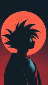 Quiet anime hero silhouetted against a blazing red moon.