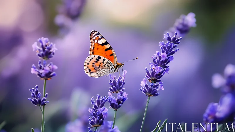 Orange butterfly on lavender spikes in soft focus field.