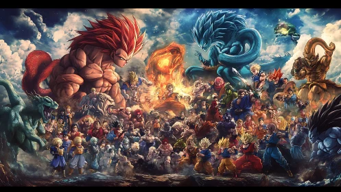 Cosmic Saiyan clash beneath storm-split celestial skies.