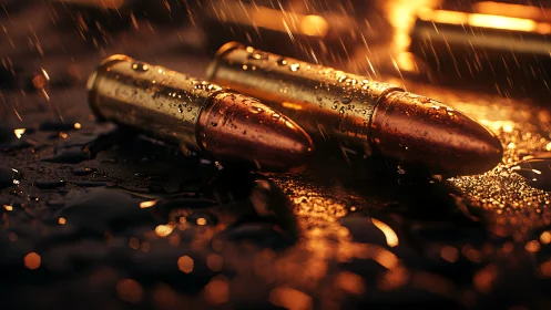 Rain-soaked brass bullets glowing in cinematic neon storm.