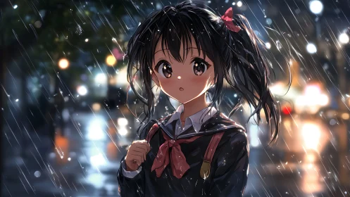 Anime schoolgirl standing in night rain on city street.