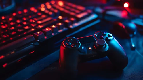 Backlit gaming controller rests before RGB mechanical keyboard