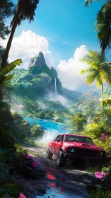 Red truck parked in tropical landscape with mountain waterfall