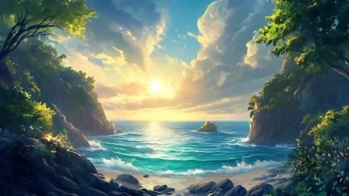 Coastal cove with dramatic sunrise, towering cliffs, and golden light