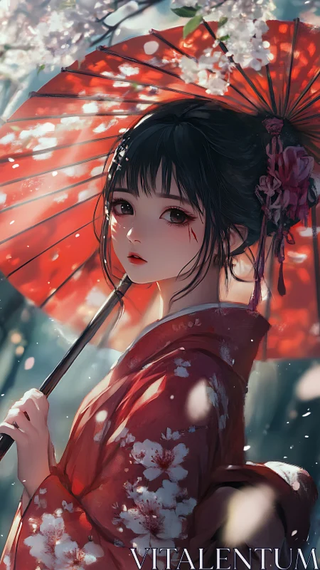 Elegant girl with red parasol pauses beneath falling blossom