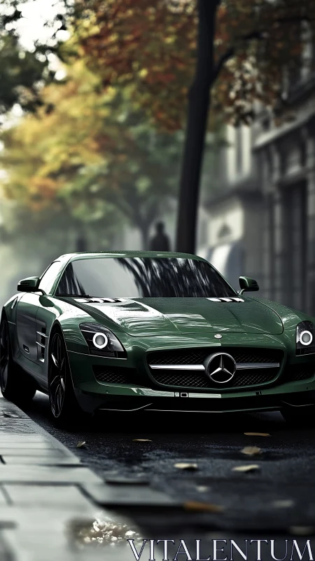 Green Mercedes sports car stands on wet city street