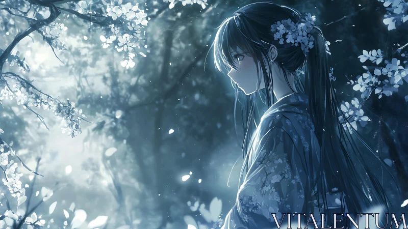 Girl in kimono stands under moonlit flowering trees.
