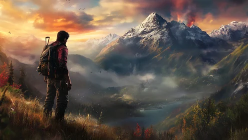 Lone hiker overlooking vast misty valley and fiery peaks.