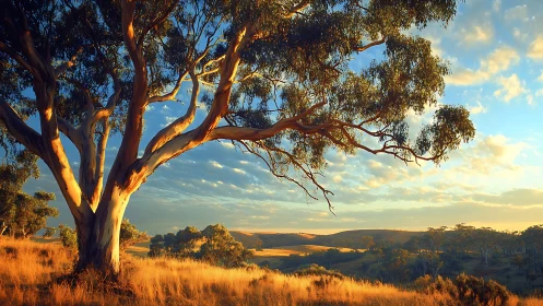 Sunlit eucalyptus tree over golden rural valley landscape.
