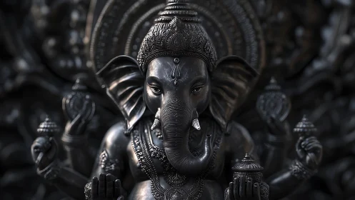 Detailed metallic Ganesha statue shows intricate sculpted forms
