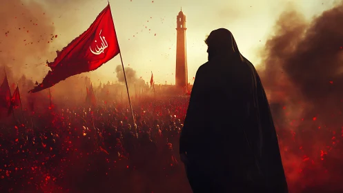 Backlit shrouded figure surveying incendiary red procession.